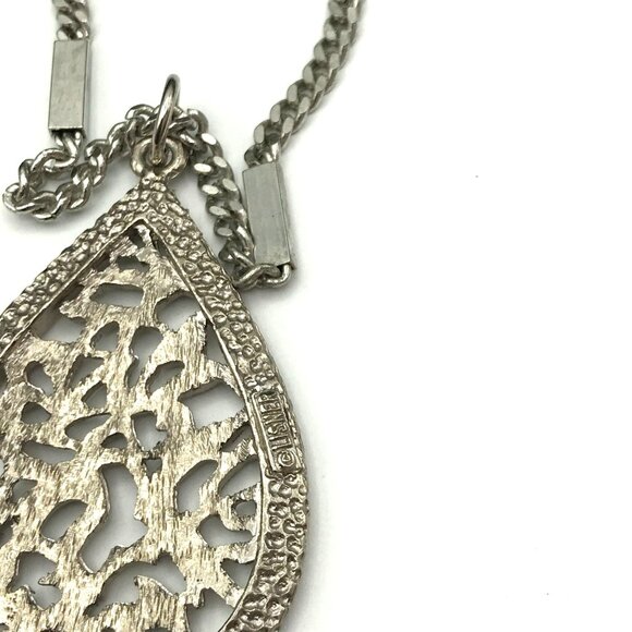 Vintage Silver tone Teardrop Filigree Pendant Necklace With Chain Fringe - Picture 5 of 8